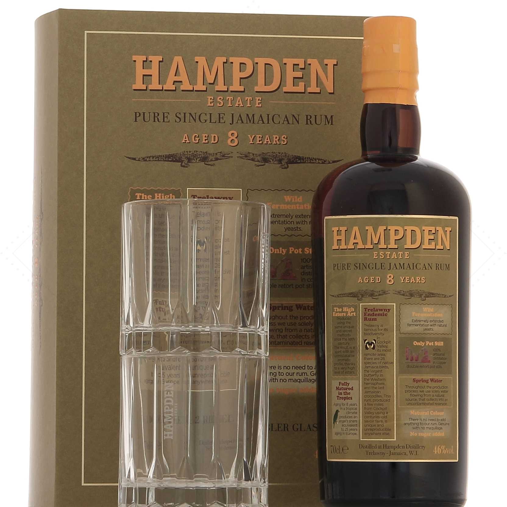 Hampden 8 year old in a 2 glass 46° case