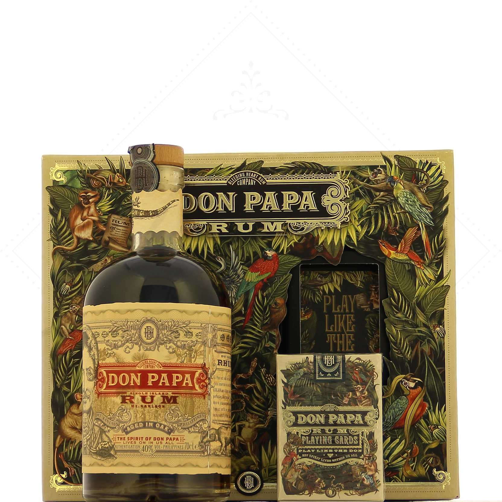 Don Papa Single Island 40° en coffret avec un jeu de cartes
